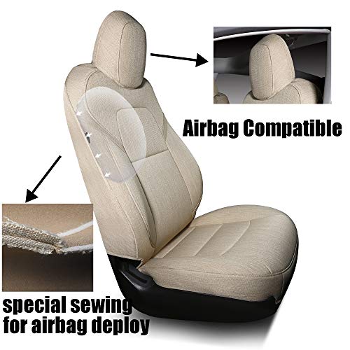 All Weather, Breathable, Airbag Compatible, Customized Synthetic Linen Fabric Seat Covers for 2020-2022 Tesla Model Y (Beige Fabric)