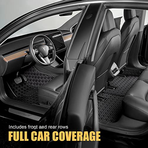 Leather Floor Mats for Tesla Model Y Custom Fit 2020-2022 Luxury Car Floor Liner ,Waterproof(1st & 2nd Row Black)