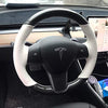 White Leather & Carbon Fiber Steering Wheel Cover Hand-Stitch on Wrap Fit for Tesla Model 3 & Y