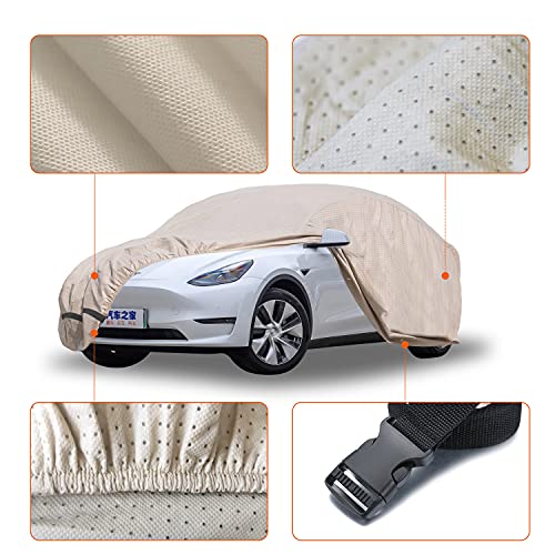 Beige 3 Layer UV Protected All-Weather Full Vehicle Cover for Tesla Model Y with Non-Woven Reflective Strips & Zipper for Charging Port Access