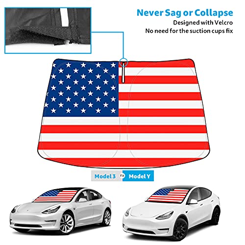 Foldable UV Reflecting Front Windshield Sunshade with Printed American Flag for Tesla Model 3 & Y