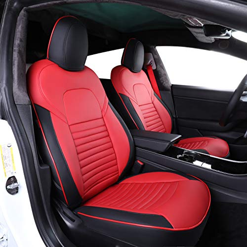 Custom Fit Full Set Car Seat Covers for Select Tesla Model S 2016 2017 2018 2019 2020 2021,Rear Seat with 3 Build in Headrests - Leatherette (Black/Red)
