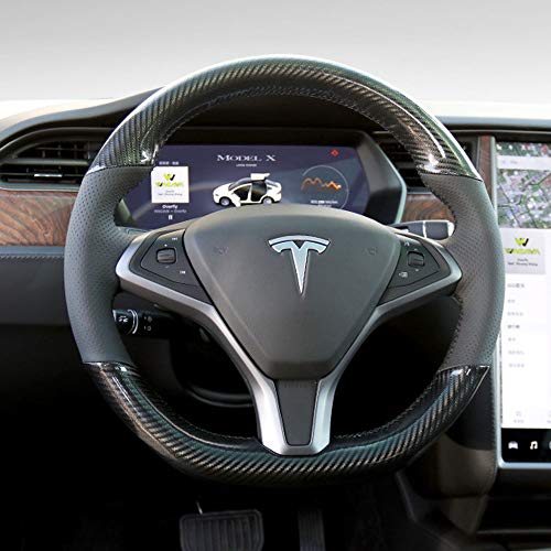 Black Perforated Leather & Carbon Fiber Auto Steering Wheel Cover Hand-Stitch on Wrap Fit for Tesla Model S/Tesla Model X