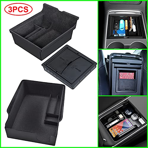 Center Console Organizer Tray 3PCS For 2021 2022 Tesla Model 3 Model Y Interior Accessories Flocked Center Console Organizer With Armrest Hidden Cubby Drawer Storage Box ABS Material Custom Fit Upgrade