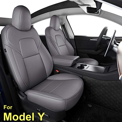 Seat Cover Fit for Tesla Model Y 2020 2021 Airbag Compatible Synthetic Leather Car Seat Cushion Protector All Weather Water-Proof Customized (Grey/Midnight Silver Metallic)