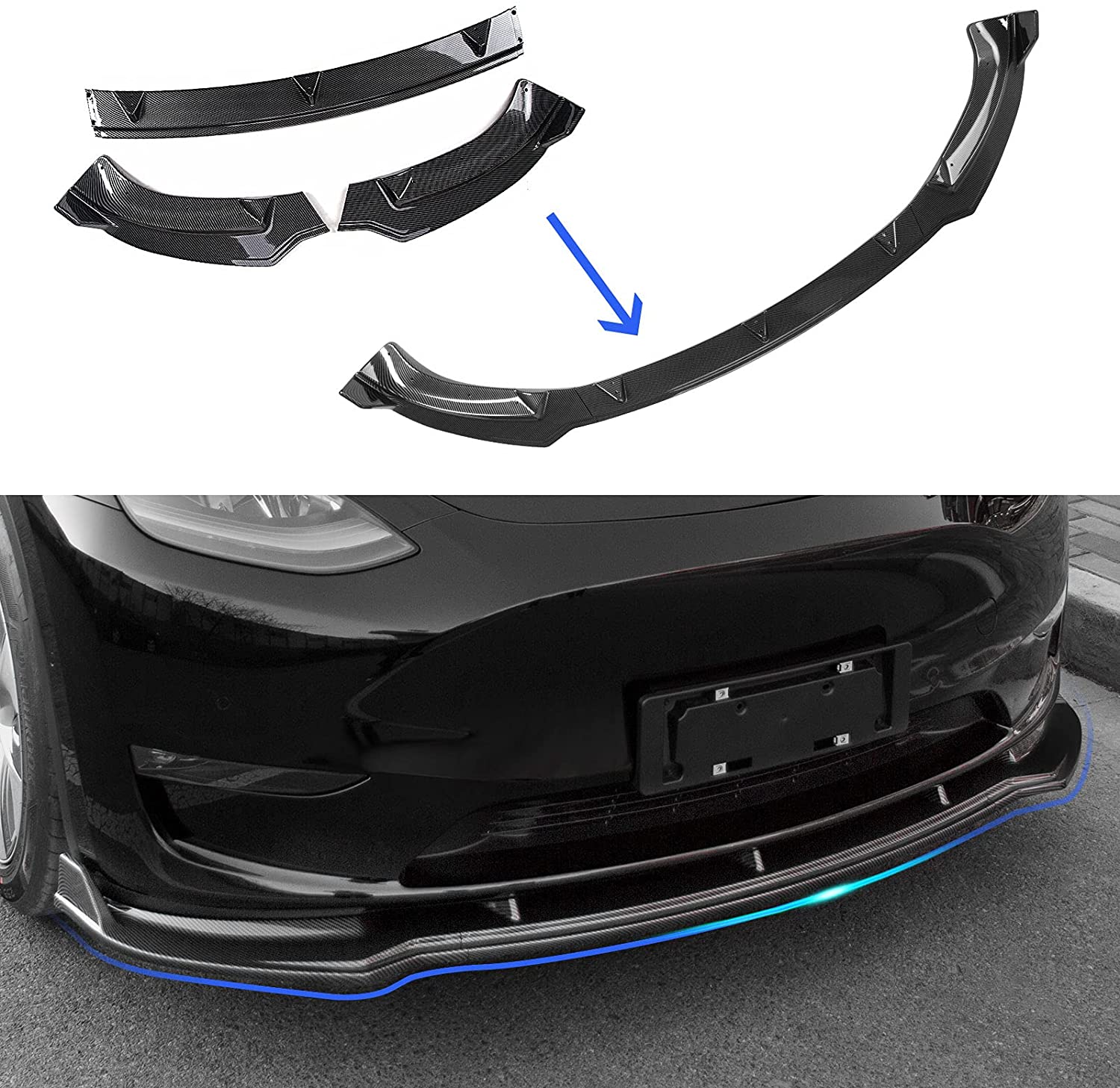 3 Piece ABS Plastic with Carbon Fiber Pattern Front Splitter Lip Kit for Tesla Model Y