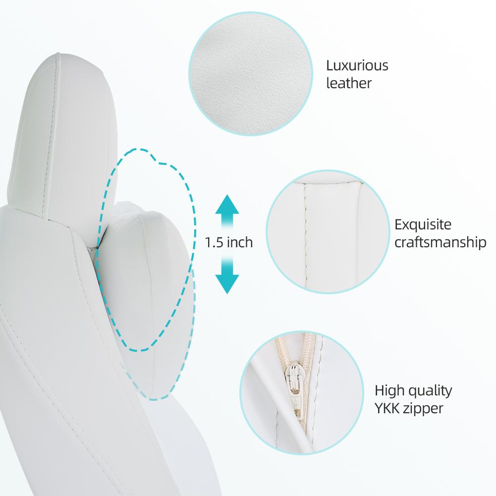 Leather Headrest Neck Pillow For Tesla Model 3 & Y Neck Support Cushion Two Pieces (White)