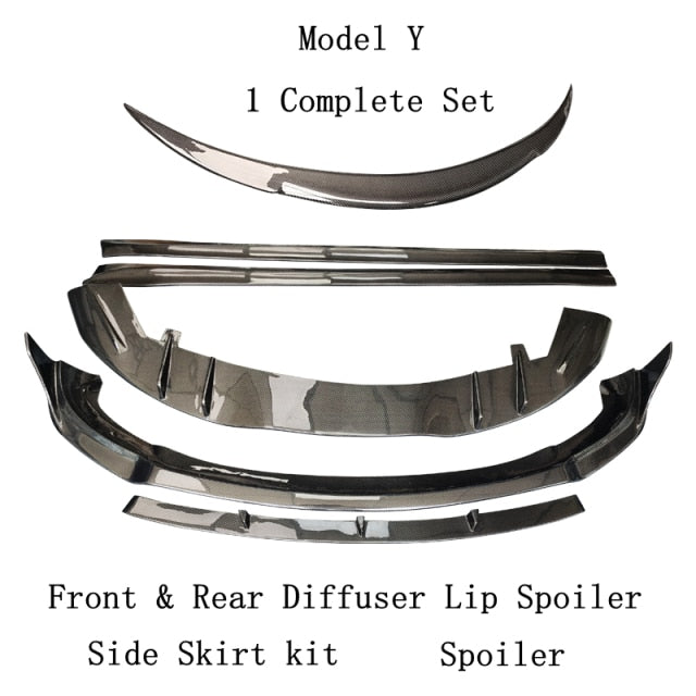For Tesla Model Y 2020 2021 2022 Carbon Fiber Front & Rear Bumper Diffuser Lip Spoiler Body Side Skirt Body Kit