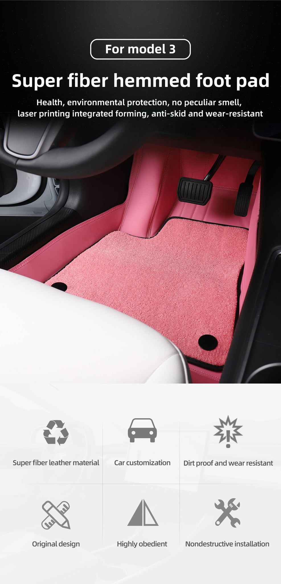 Fully Surrounded Microfiber Leather Pink Floor Mats for Tesla Model 3 & Y