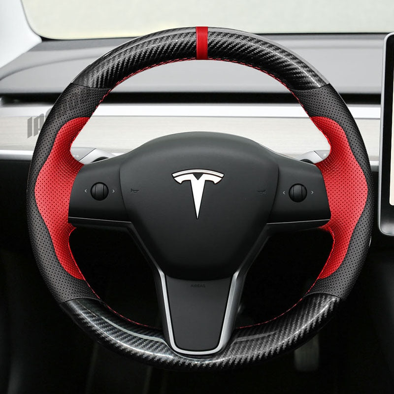 Multi Tone Carbon Fiber Leather Steering Wheel Cover for Tesla Model 3 & Y