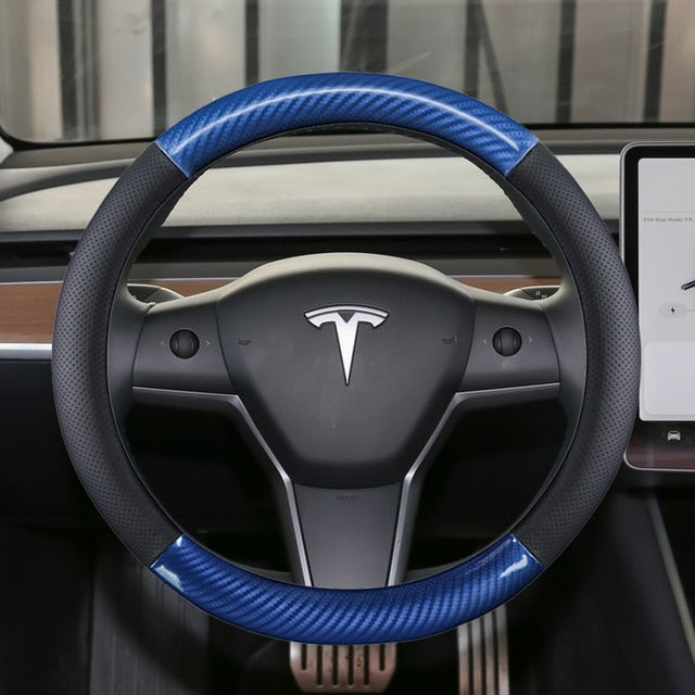 Genuine Leather + Carbon Fiber Pattern Steering Wheel Cover for Tesla Model 3 & Y