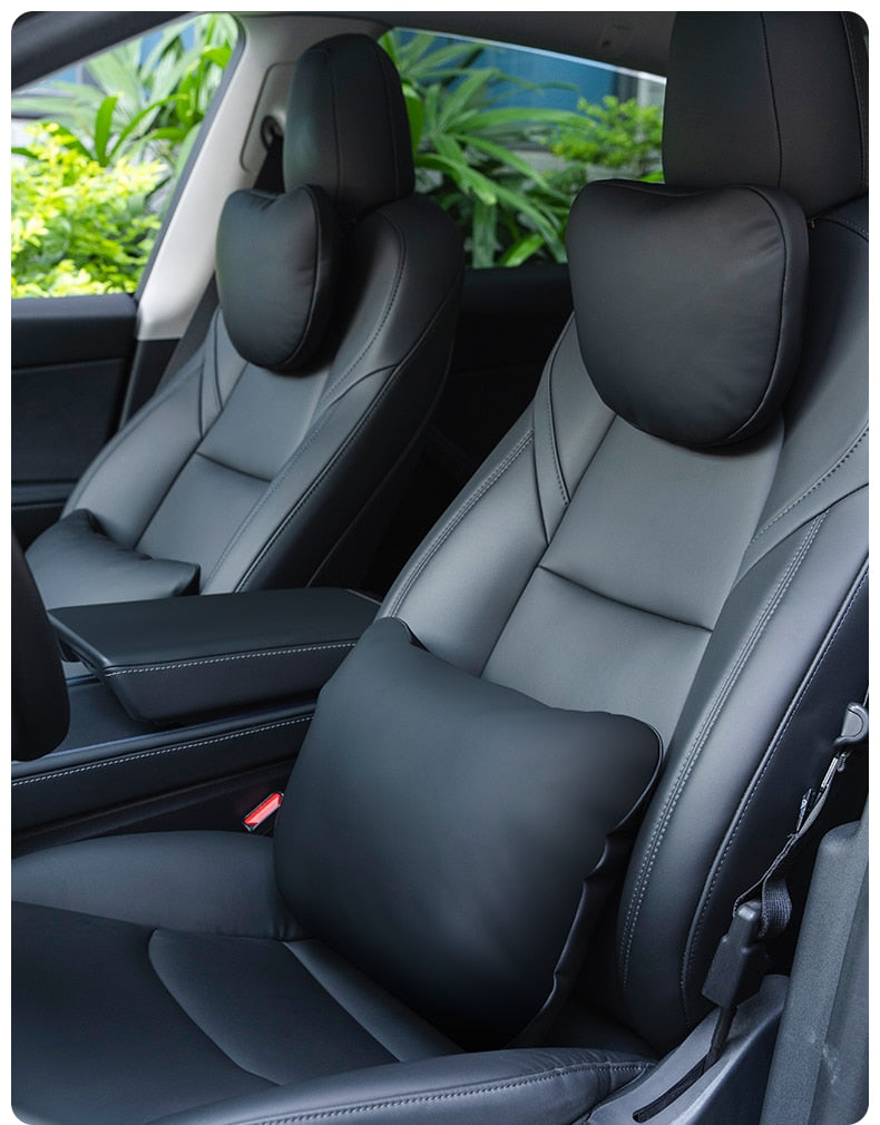 High-Quality Leather Headrest Neck Pillow and Lumbar Support Pillow for Tesla Model 3 & Y