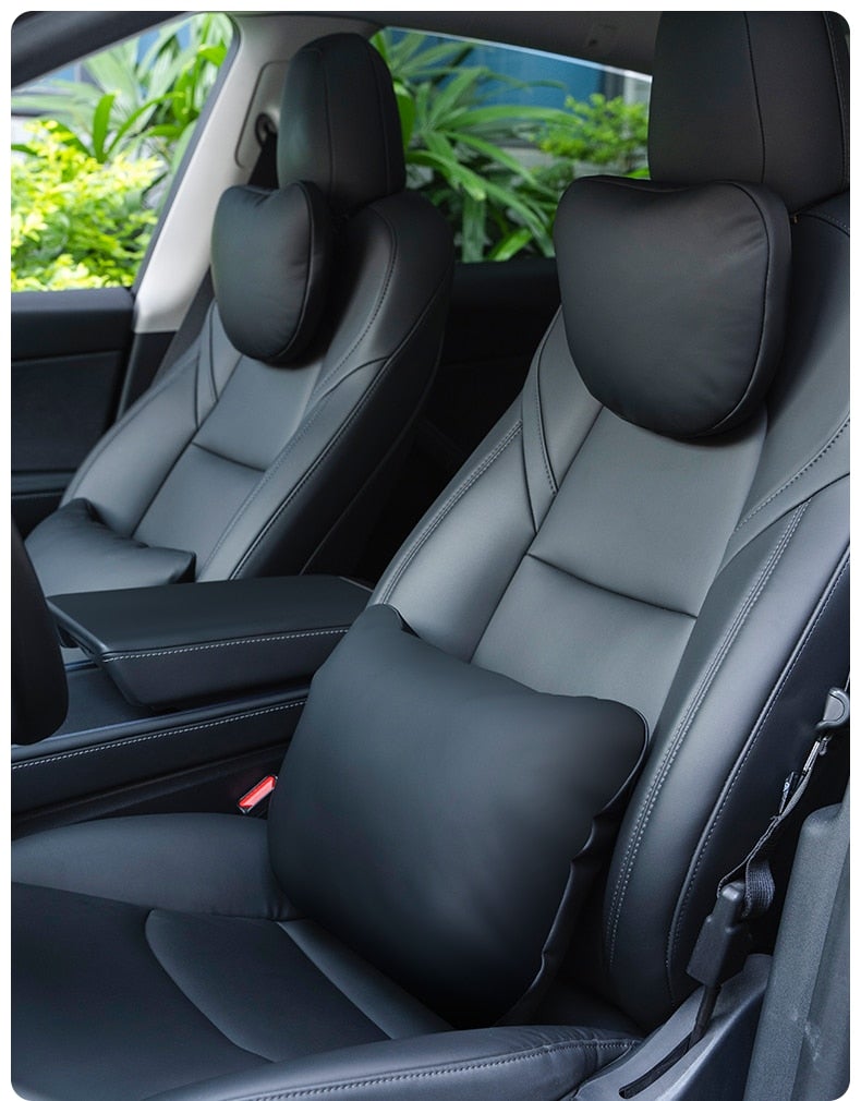 High-Quality Leather Headrest Neck Pillow and Lumbar Support Pillow for Tesla Model 3 & Y