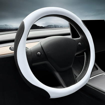 Nappa Leather Ultra-Thin Steering Wheel Cover, Tesla Model 3/Y Steering Wheel Cover, Non-Slip Design and Interior Modification of car Accessories (White)