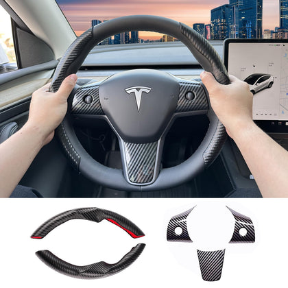 Carbon Fiber Steering Wheel Cover Tesla Model 3/Y with Steering Wheel Wrap Kit, Anti Slip Steering Wheel Cover - Black