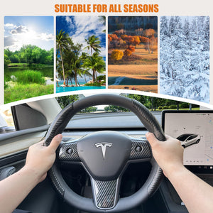 Carbon Fiber Steering Wheel Cover Tesla Model 3/Y with Steering Wheel Wrap Kit, Anti Slip Steering Wheel Cover - Black