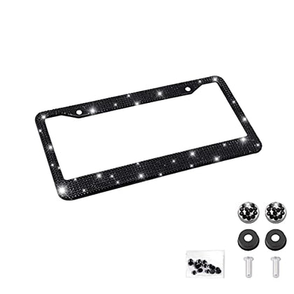 Bling Car License Plate Frame, Handcrafted Crystal Stainless Steel License Plate Frame, Sparkly, Durable, Universal Fit, Car Accessories for Girls, Women (Black)