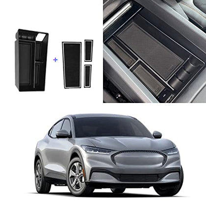 Center Console Organizer Tray Compatible with Musstang Mach-E 2021+ Interior Accessories Armrest Console Insert Box ABS Secondary Storage with 2 Sets of Non-Slip Anti-Dust Mats (Black&White Mats)