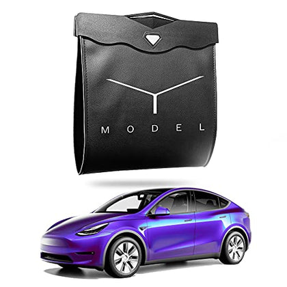 Tesla Model Y  Waterproof Collapsible Garbage Bag with Hanging Magnetic Buckle and LED Light for Back Seat(Black)