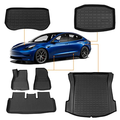 2021 2022 Tesla Model 3 Frunk Mat Rear Trunk Mats Cargo Liner Floor Mats All Weather Tesla Model 3 Accessoriess (Set of 6 Mats 2021-2022)