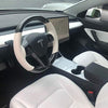 White Leather & Carbon Fiber Steering Wheel Cover Hand-Stitch on Wrap Fit for Tesla Model 3 & Y