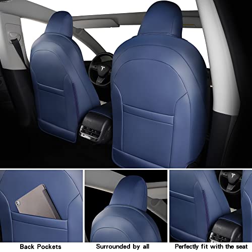 Seat Covers for Tesla Model 3 Faux Leather Seat Protector Fully Wrapped Custom Fit for Model 3 2017 2018 2019 2020 2021 All Season (Blue & White, Model 3)…
