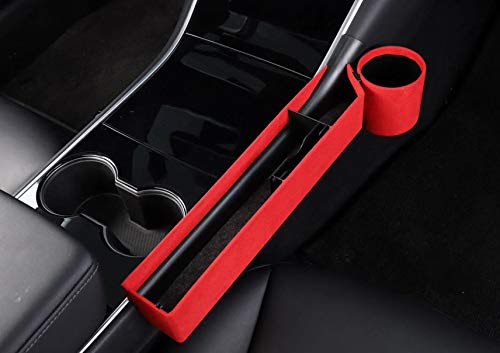 Center Console Side Pocket Organizer Car Seat Crevice Storage Box Cup Holder Fit for Tesla Model 3 (Red)