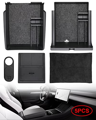 Central Console Storage Tray 5 Pcs, Suitable for 2021 Tesla Model 3 Model Y Armrest Box/Hidden Box (Felt pad) /Tissue Bag/Car Camera Cover