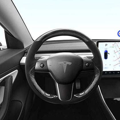 Tesla Model 3 & Y Leather & Carbon Fiber Style Steering Wheel Cover