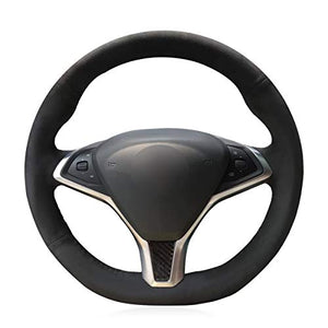 Customized Hand-Stitch Black Suede Steering Wheel Cover for Tesla Model S 2009-2018 & Tesla Model X 2012-2018