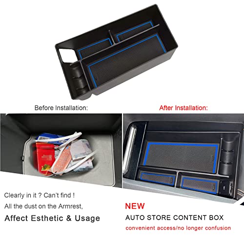 Center Console Organizer Tray for 2021+ Mustang Mach-E Armrest Box Organizer Secondary Storage Glove Box for Latest Mustang Interior Accessories with USB Hole and Coin Holder (Blue)