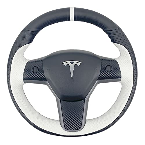 Hand-Stitched Steering Wheel Wrap for Tesla Model 3/Tesla Model Y 2017 2018 2019 2020 2021 Interior Steering Wheel Protection Skin Cover Accessories (Black Leahter+ White Perforated Leather)
