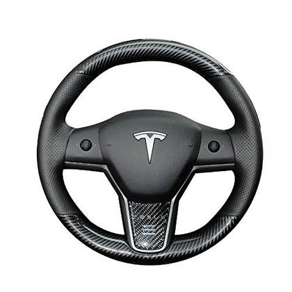 Black Perforated Leather & Carbon Fiber Auto Steering Wheel Cover Hand-Stitch on Wrap Fit for Tesla Model 3/Tesla Model Y