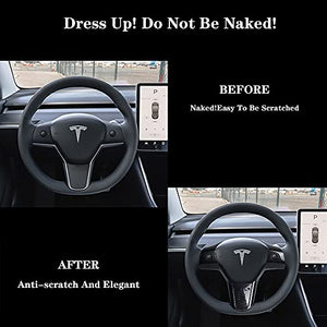 Tesla Model 3 & Model Y Steering Wheel Cover Combo With Gear Shift Covers，Steering Wheel Accessories Carbon Fiber Style Cover Gear Shift Covers Carbon Fiber Inner Decoration for Tesla Model 3 Model Y