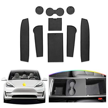 Door Slot Mat for 2021 Update Tesla Model Y Non-Slip Interior Accessory Decoration Door Groove Gate Pad Fit Cup Center Console Liners Dustproof Waterproof and Reduce Noise