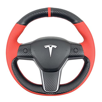 Hand-Stitched Steering Wheel Wrap for Tesla Model 3/Tesla Model Y 2017 2018 2019 2020 2021 Interior Steering Wheel Protection Skin Cover Accessories (Red Perforated Leather+Matte Black Carbon Fiber)