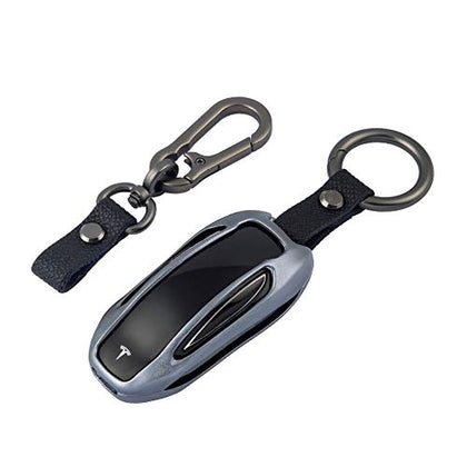 Premium Compatible with Tesla Key Fob Cover for Model X - Aircraft Aluminum Flip Key Protection Case with Leather Keychain - Keyfob Holder Fits for Tesla (Model X, Gray)