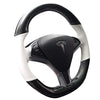 Black Carbon Fiber & White Leather Auto Steering Wheel Cover Hand-Stitch on Wrap Fit for Tesla Model S/Tesla Model X