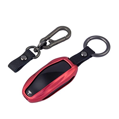 Premium Compatible with Tesla Key Fob Cover for Model S & Model 3 - Aircraft Aluminum Flip Key Protection Case with Leather Keychain - Keyfob Holder Fits for Tesla (Model S & Model 3, Red)