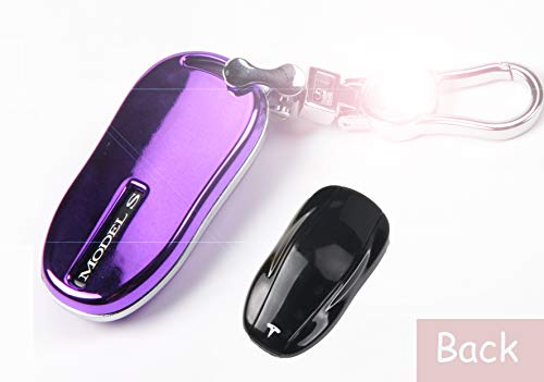 Tesla Model S Key Fob Case, Premium TPU Remote Control Smart Key Fob Holder Key case Flip Key Protection with Key Chain (Purple)