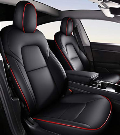 Custom Fit Full Set Leather Seat Covers for Tesla Model 3 (Black/Red)