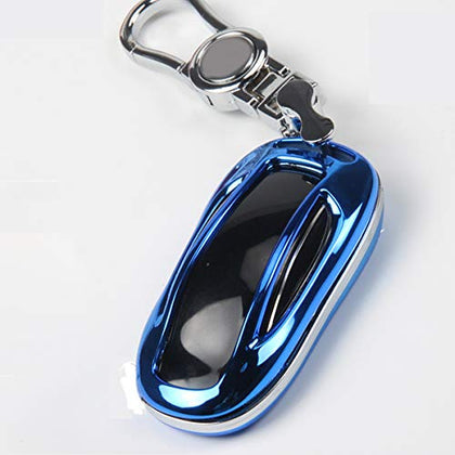 Tesla Model X Key Fob Case, Premium TPU Remote Control Smart Key Fob Holder key case Flip Key Protection with Key Chain (Blue)