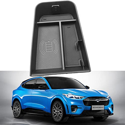 Armrest Storage Box for Ford Mustang Mach-E 2021, Car Wireless Central Center Console Organizer Tray Container Auto Interior Tidying Accessories with Dust Cover
