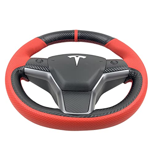 Hand-Stitched Steering Wheel Wrap for Tesla Model 3/Tesla Model Y 2017 2018 2019 2020 2021 Interior Steering Wheel Protection Skin Cover Accessories (Red Perforated Leather+Matte Black Carbon Fiber)