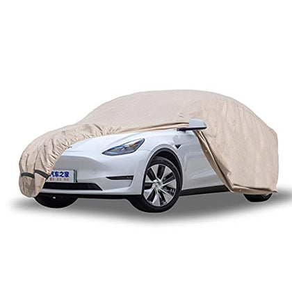 Beige 3 Layer UV Protected All-Weather Full Vehicle Cover for Tesla Model Y with Non-Woven Reflective Strips & Zipper for Charging Port Access
