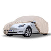 Beige 3 Layer UV Protected All-Weather Full Vehicle Cover for Tesla Model Y with Non-Woven Reflective Strips & Zipper for Charging Port Access