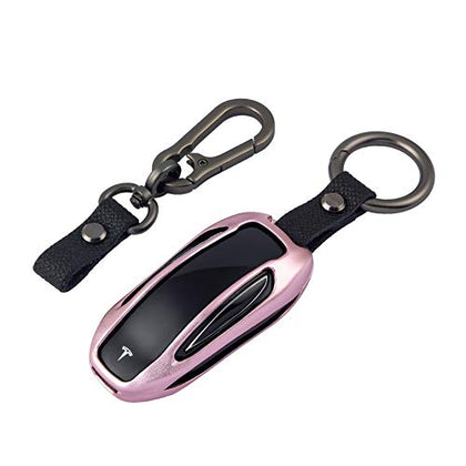 Premium Compatible with Tesla Key Fob Cover for Model X - Aircraft Aluminum Flip Key Protection Case with Leather Keychain - Keyfob Holder Fits for Tesla (Model X, Rose Gold)