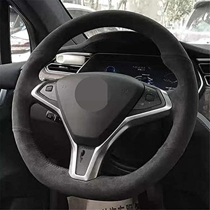 Hand-Stitched Black Leather Alcantara Suede Steering Wheel Cover for 2016-2020 Tesla Model S & X