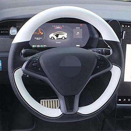 Hand-Stitched Black/White Leather Alcantara Suede Steering Wheel Cover for 2016-2020 Tesla Model S & X
