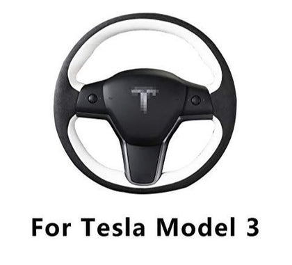 Tesla Model 3 & 2017-2020 Leather Italy Imported Alcantara Hand Stitched Steering Wheel Cover 1PCS(Leather in Black and White)